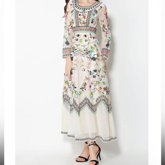 Embroidery Flowers Boho Silk Dress - Picture 5 of 16